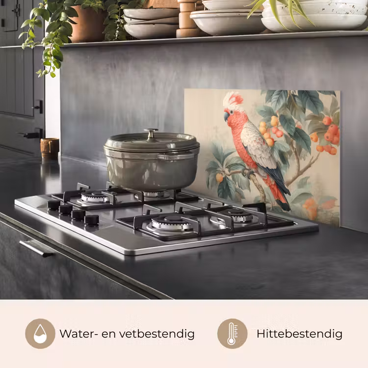 Spatscherm keuken - Roze kuifkaketoe - Tak met vruchten - Bladeren — 7