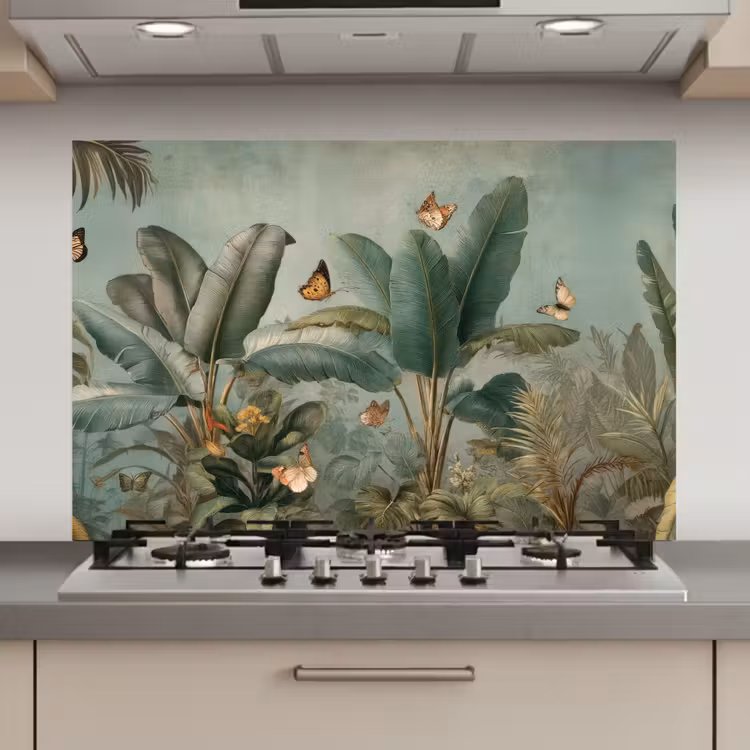 Spatscherm keuken - Tropisch bladerdek - Vlinders - groen - Bruin — 1