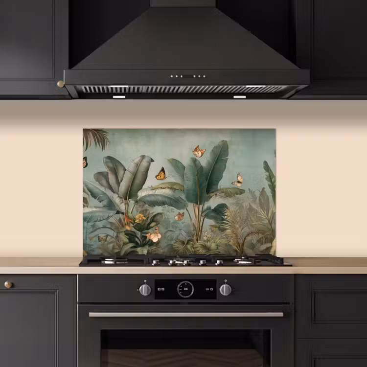 Spatscherm keuken - Tropisch bladerdek - Vlinders - groen - Bruin — 2