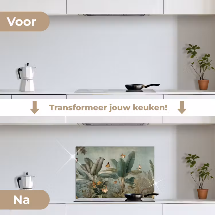 Spatscherm keuken - Tropisch bladerdek - Vlinders - groen - Bruin — 3