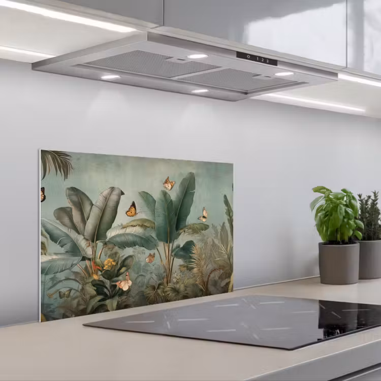 Spatscherm keuken - Tropisch bladerdek - Vlinders - groen - Bruin — 5