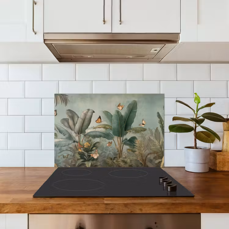 Spatscherm keuken - Tropisch bladerdek - Vlinders - groen - Bruin — 6