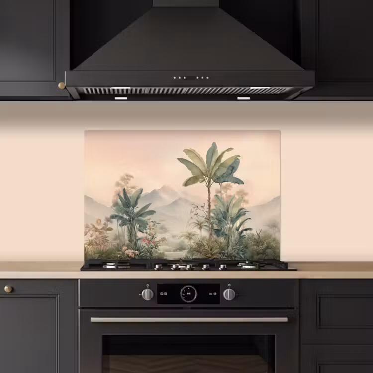 Spatscherm keuken - Tropisch landschap - palmbomen - Bloemen - Roze lucht — 2
