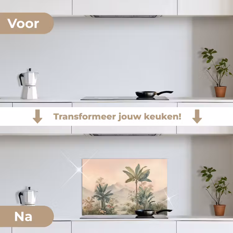 Spatscherm keuken - Tropisch landschap - palmbomen - Bloemen - Roze lucht — 3