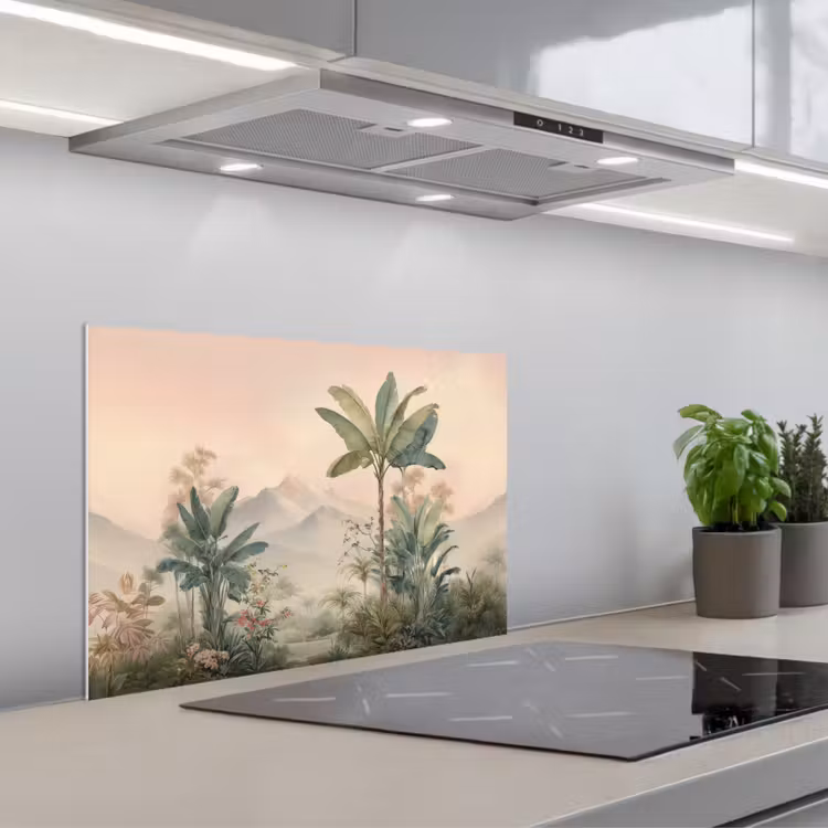 Spatscherm keuken - Tropisch landschap - palmbomen - Bloemen - Roze lucht — 5