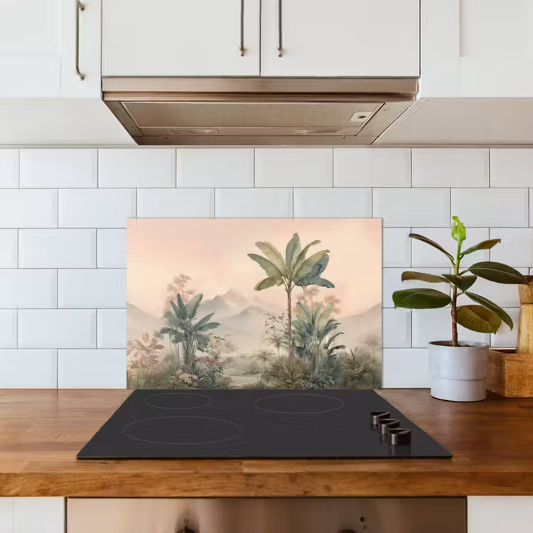 Spatscherm keuken - Tropisch landschap - palmbomen - Bloemen - Roze lucht — 6