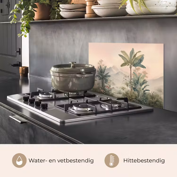 Spatscherm keuken - Tropisch landschap - palmbomen - Bloemen - Roze lucht — 7