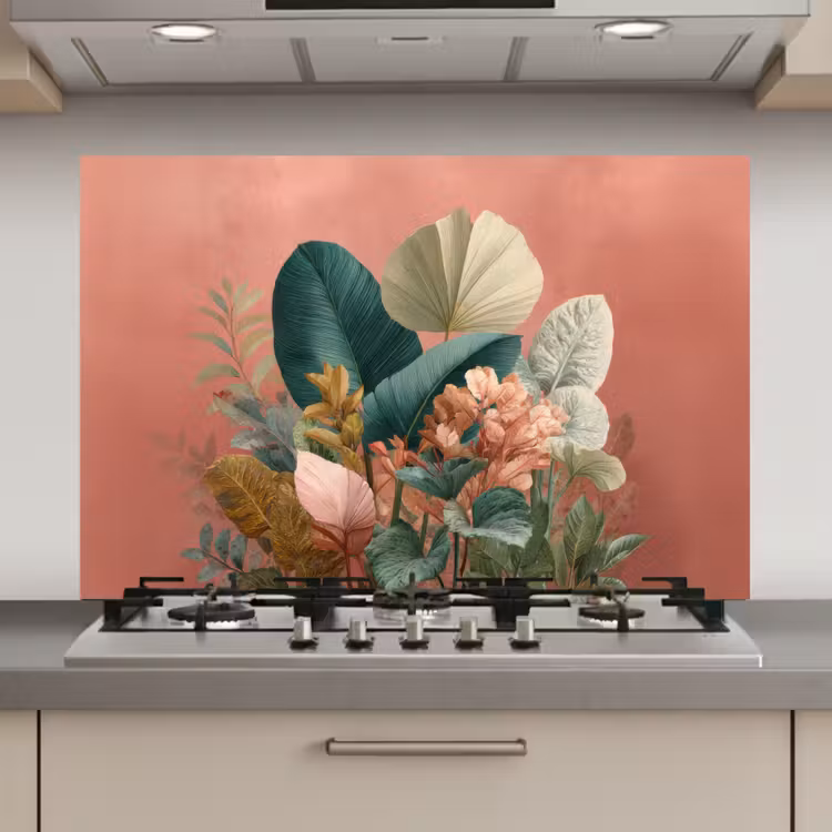 Spatscherm keuken - Tropische bladeren - Bloemen - Roze - groen — 1