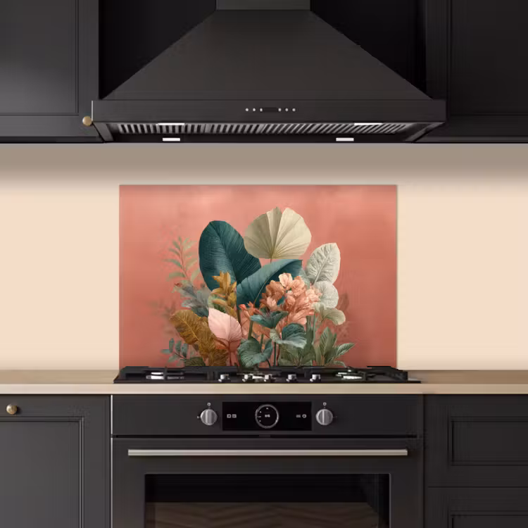 Spatscherm keuken - Tropische bladeren - Bloemen - Roze - groen — 2