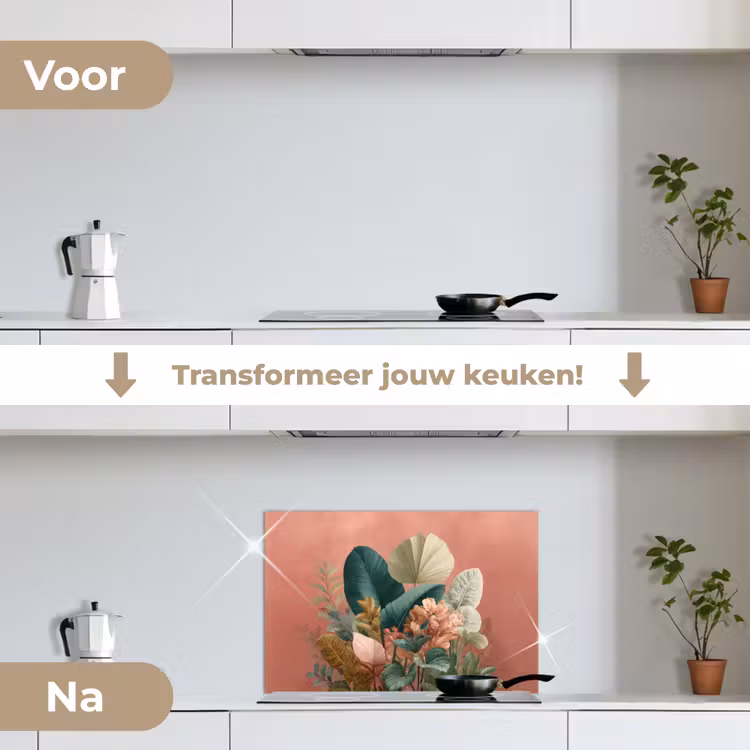 Spatscherm keuken - Tropische bladeren - Bloemen - Roze - groen — 3