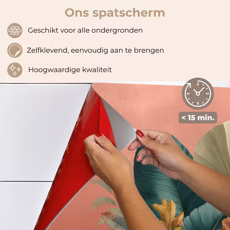 Spatscherm keuken - Tropische bladeren - Bloemen - Roze - groen — 4