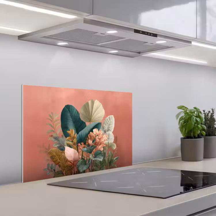 Spatscherm keuken - Tropische bladeren - Bloemen - Roze - groen — 5