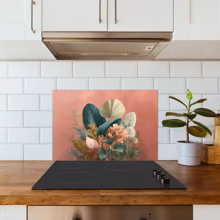Spatscherm keuken - Tropische bladeren - Bloemen - Roze - groen — 6