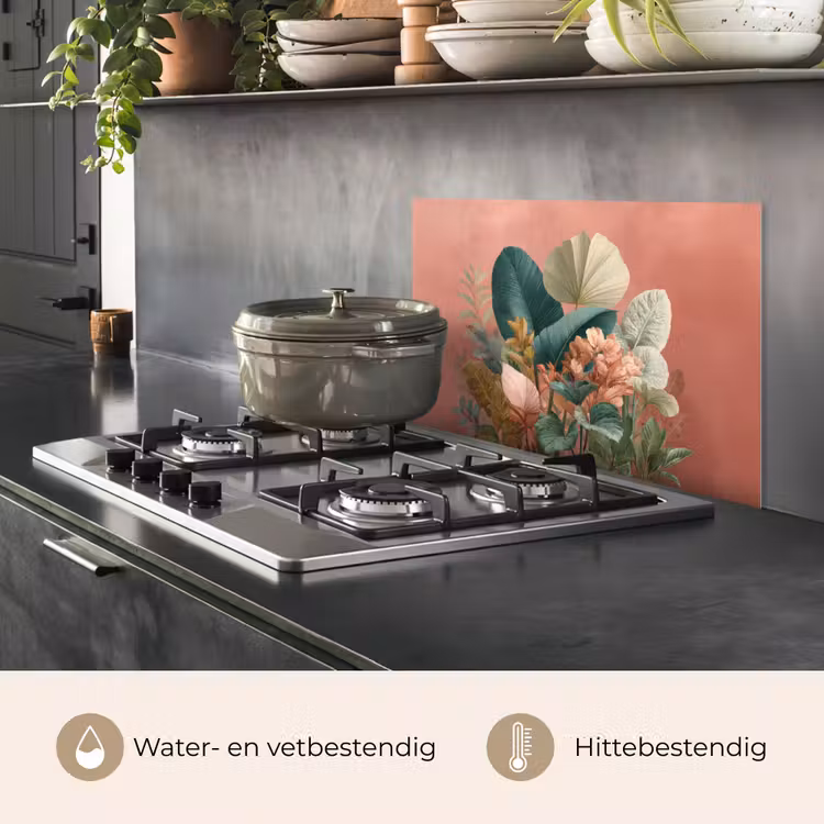 Spatscherm keuken - Tropische bladeren - Bloemen - Roze - groen — 7