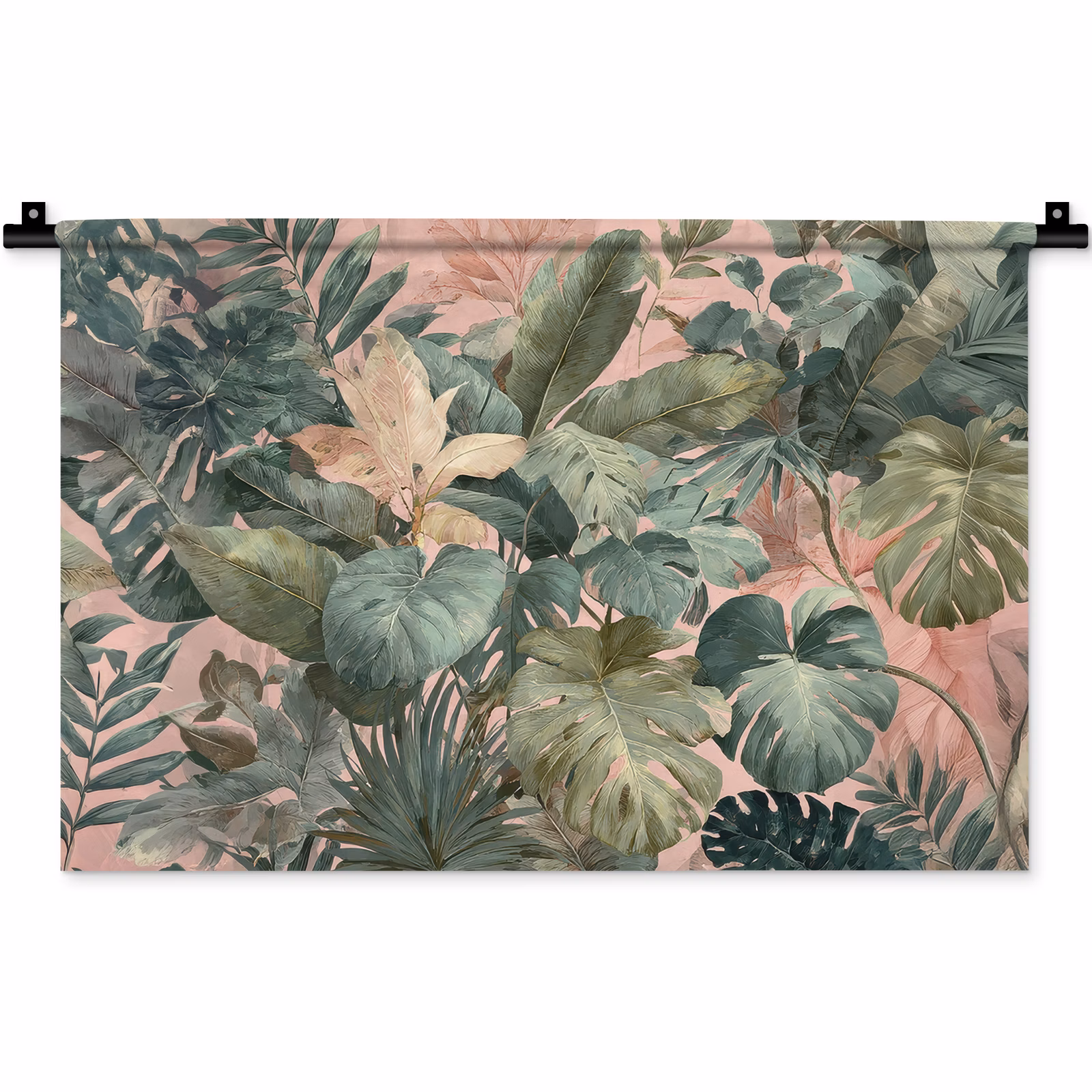 Wandkleed - Compositie van bladeren - Groen - Roze — 1
