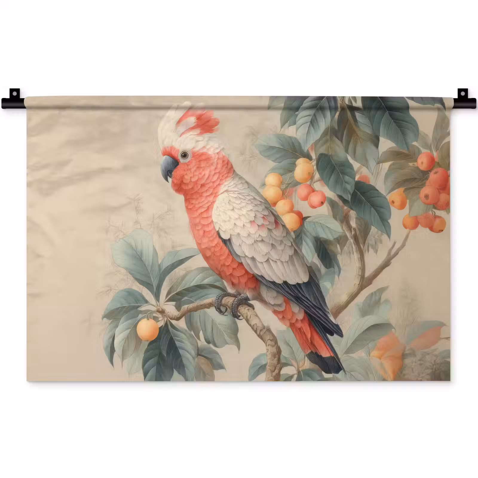 Wandkleed - Roze kuifkaketoe - Tak met vruchten - Bladeren — 1