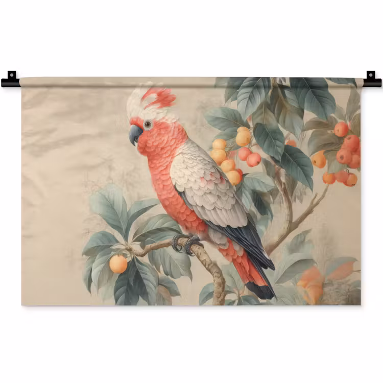 Wandkleed - Roze kuifkaketoe - Tak met vruchten - Bladeren — 1