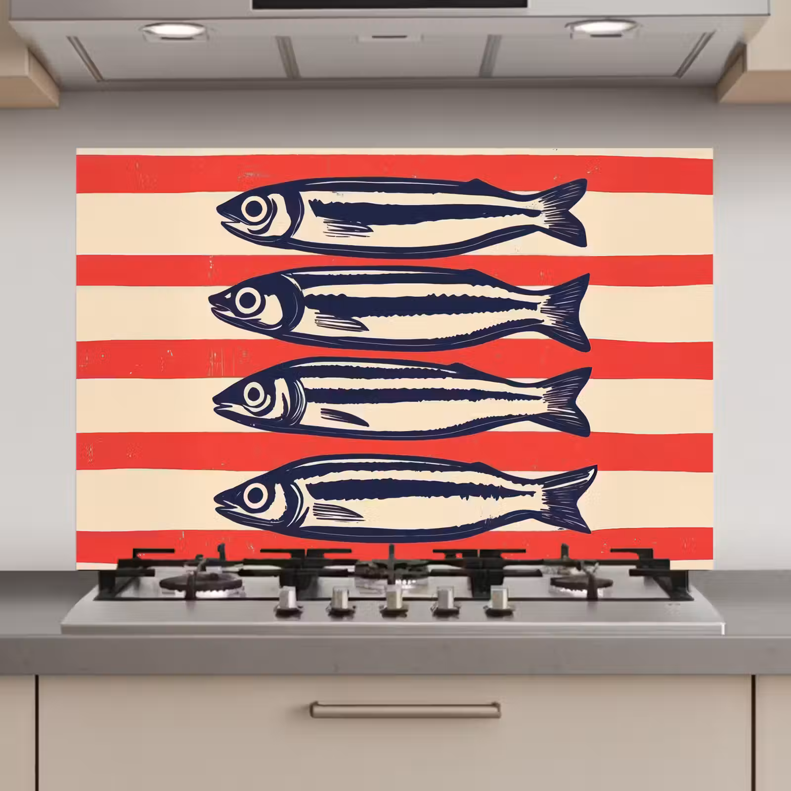 Spatscherm keuken - Sardines - Rood en beige strepen — 1