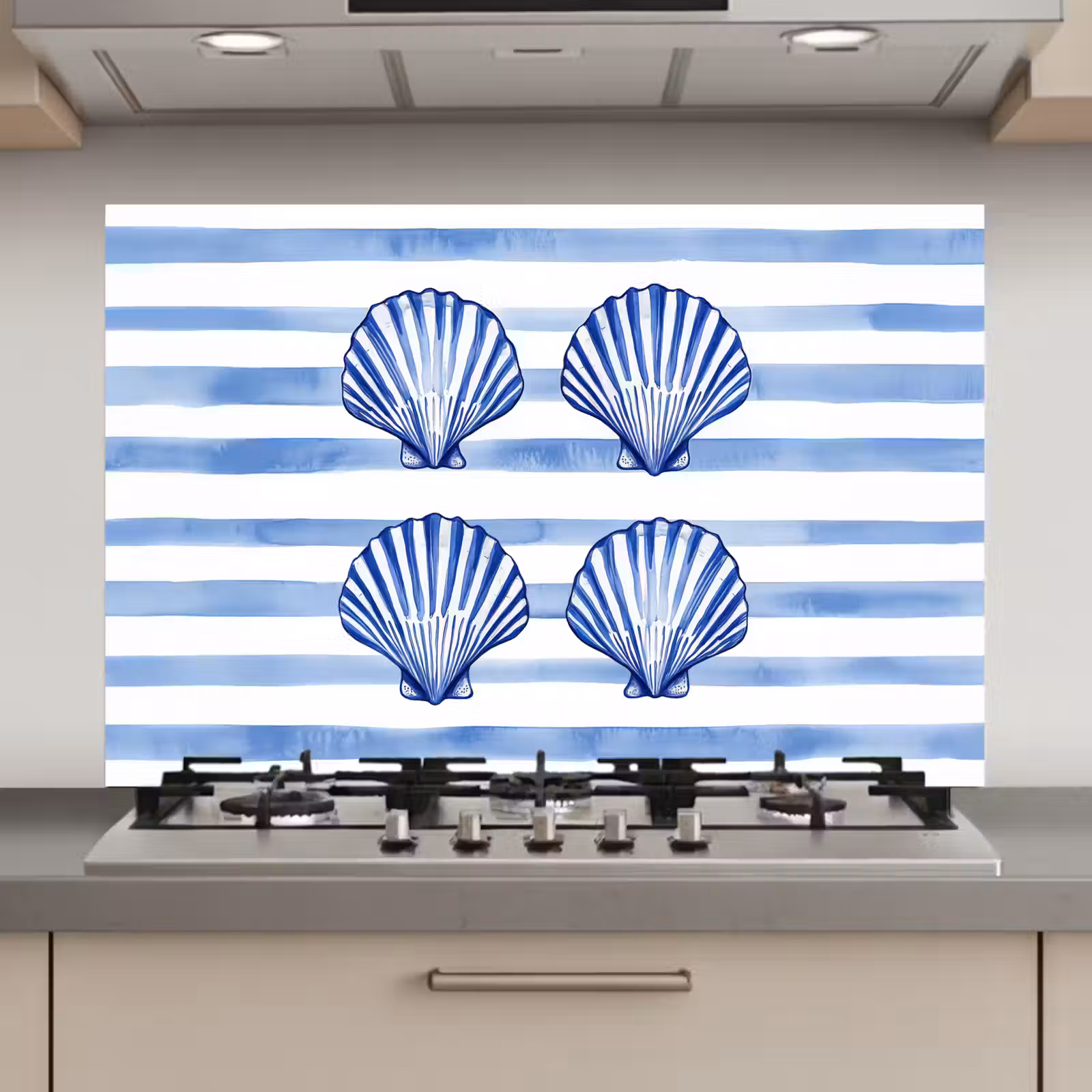 Spatscherm keuken - Vier schelpen - Blauw - Wit - Strepen — 1