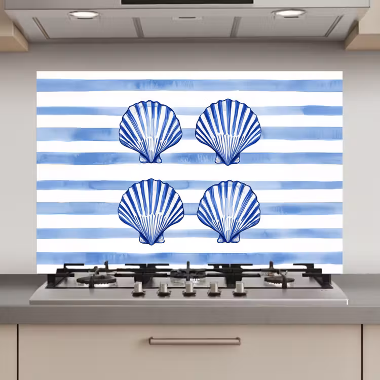 Spatscherm keuken - Vier schelpen - Blauw - Wit - Strepen — 1