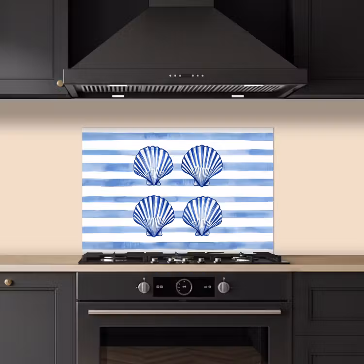 Spatscherm keuken - Vier schelpen - Blauw - Wit - Strepen — 2
