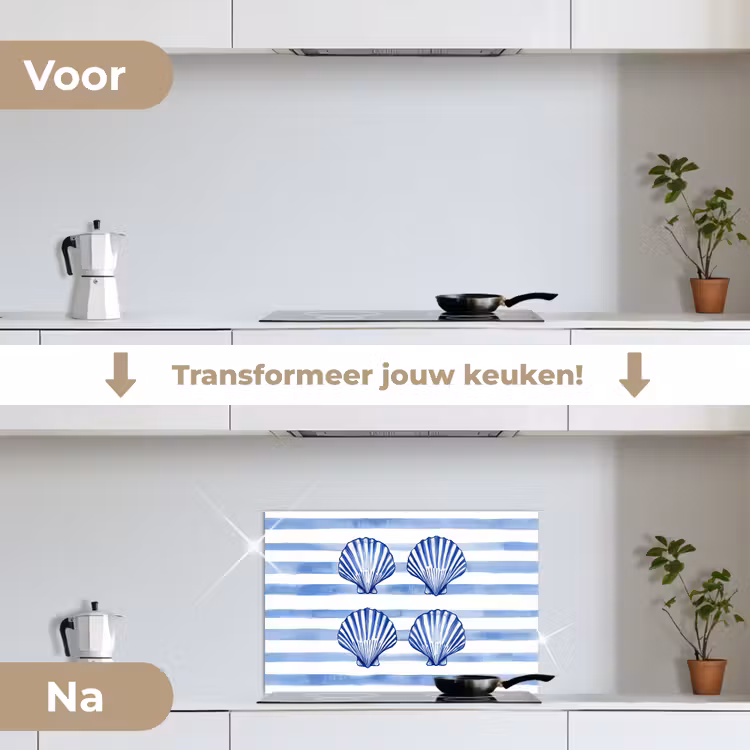 Spatscherm keuken - Vier schelpen - Blauw - Wit - Strepen — 3