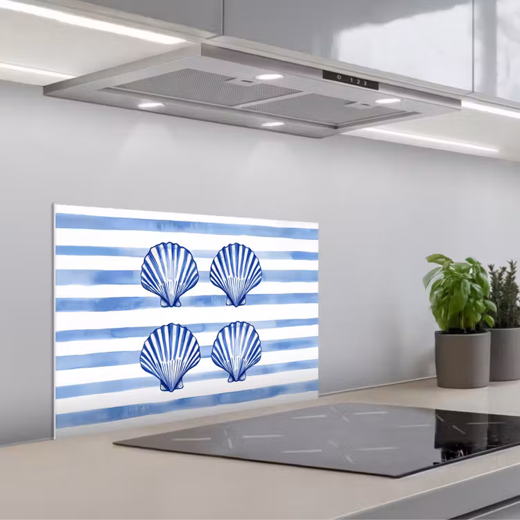 Spatscherm keuken - Vier schelpen - Blauw - Wit - Strepen — 5