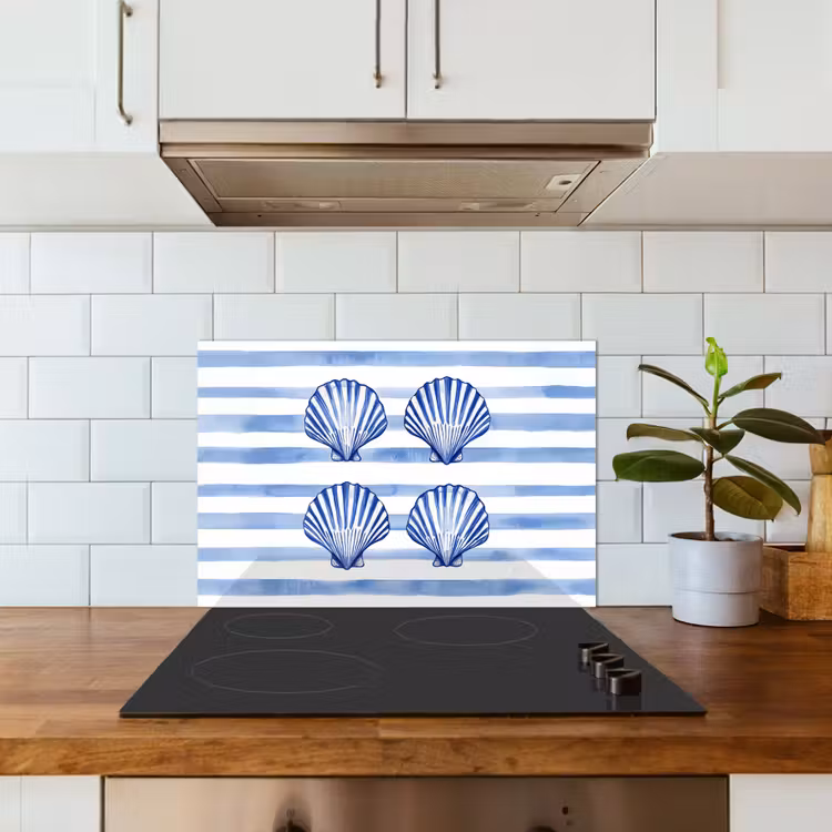 Spatscherm keuken - Vier schelpen - Blauw - Wit - Strepen — 6