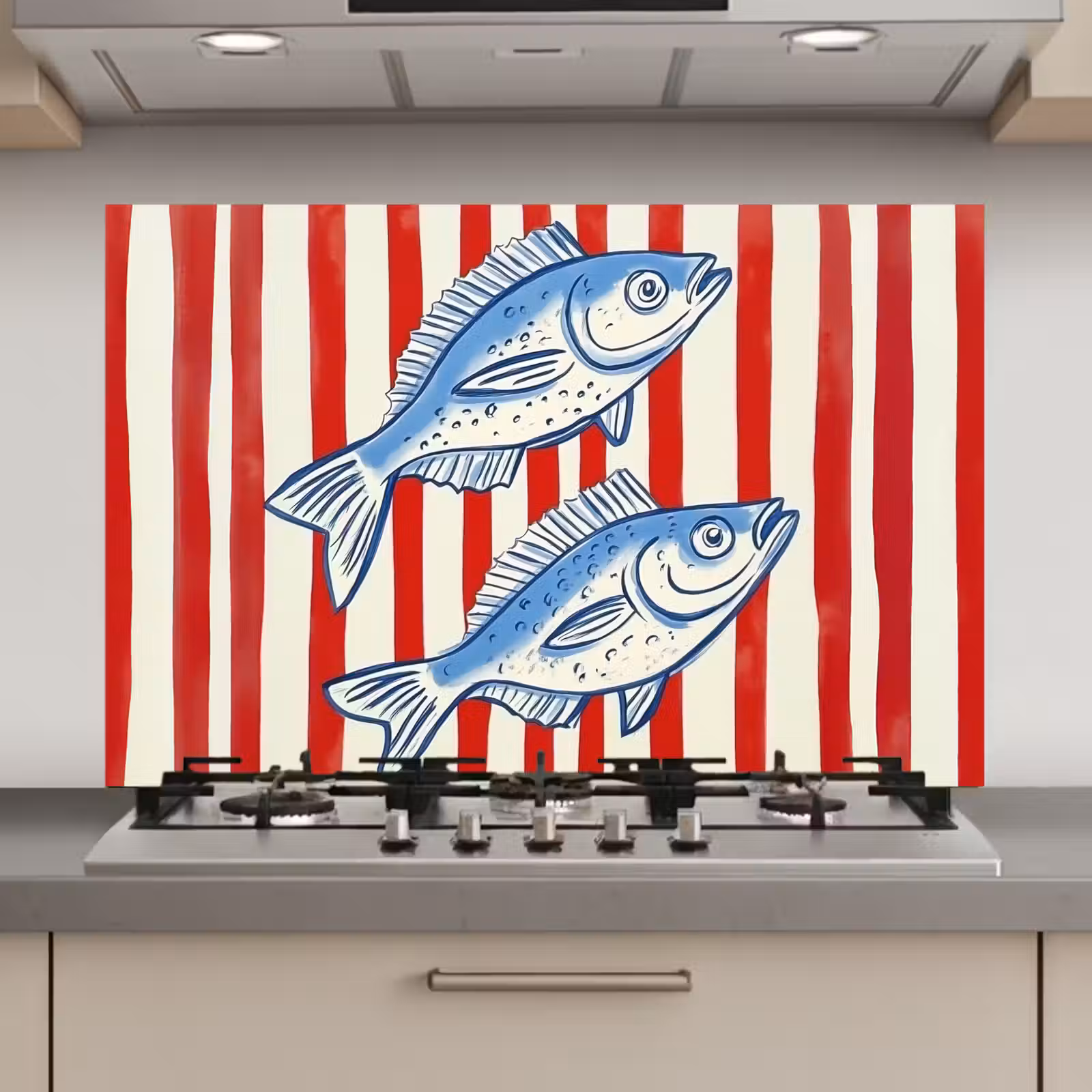 Spatscherm keuken - Vissen - Verticale strepen - Blauw - Rood — 1