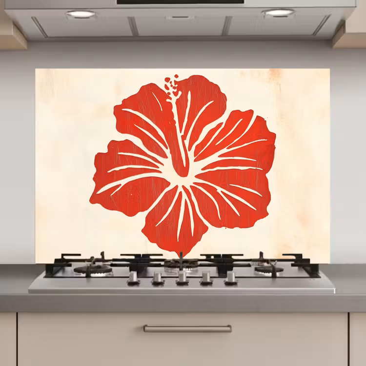 Spatscherm keuken - Rode hibiscusbloem - Textuur achtergrond - Beige — 1