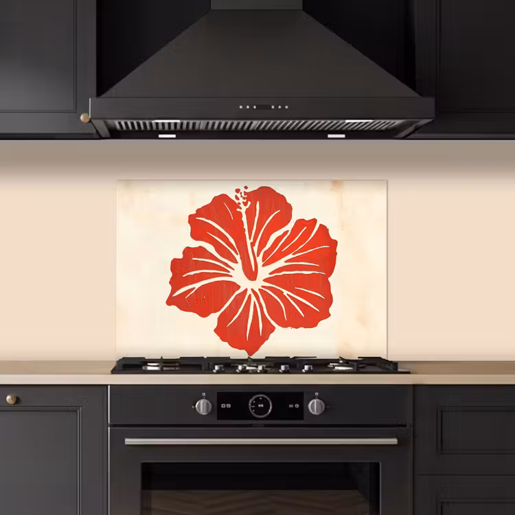 Spatscherm keuken - Rode hibiscusbloem - Textuur achtergrond - Beige — 2