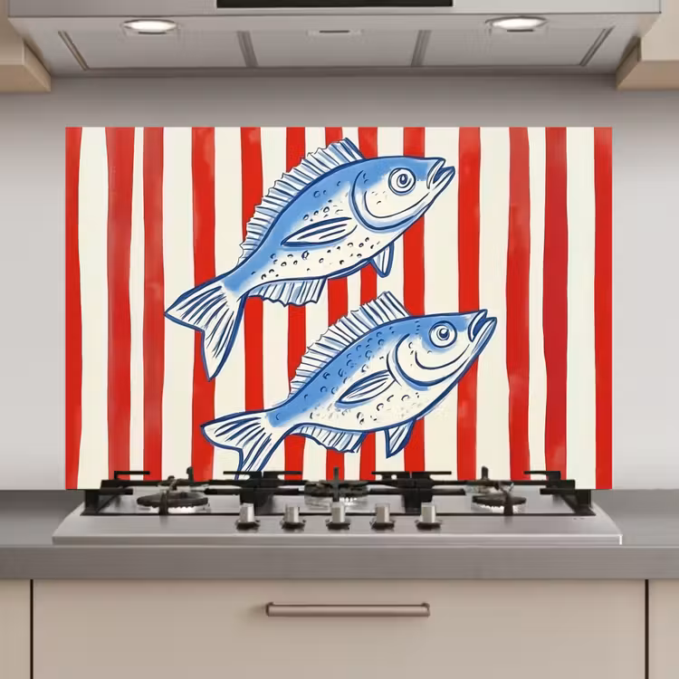 Spatscherm keuken - Vissen - Verticale strepen - Blauw - Rood — 1