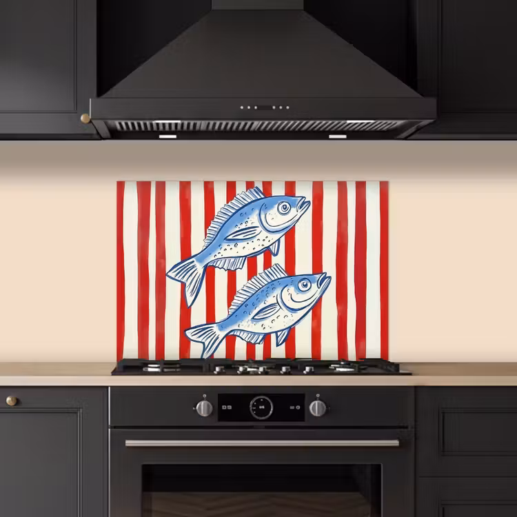 Spatscherm keuken - Vissen - Verticale strepen - Blauw - Rood — 2