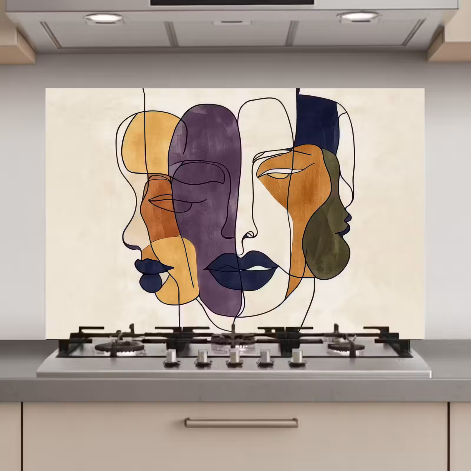 Spatscherm keuken - Abstract - Overlappende gezichten - Paars - Donkergroen — 1
