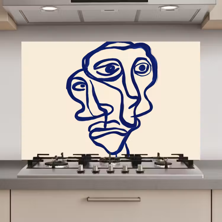 Spatscherm keuken - Lijntekening - Overlappende gezichten - Donkerblauw — 1