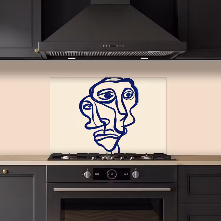 Spatscherm keuken - Lijntekening - Overlappende gezichten - Donkerblauw — 2