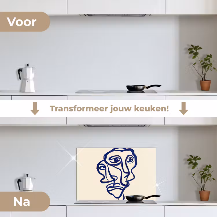 Spatscherm keuken - Lijntekening - Overlappende gezichten - Donkerblauw — 3