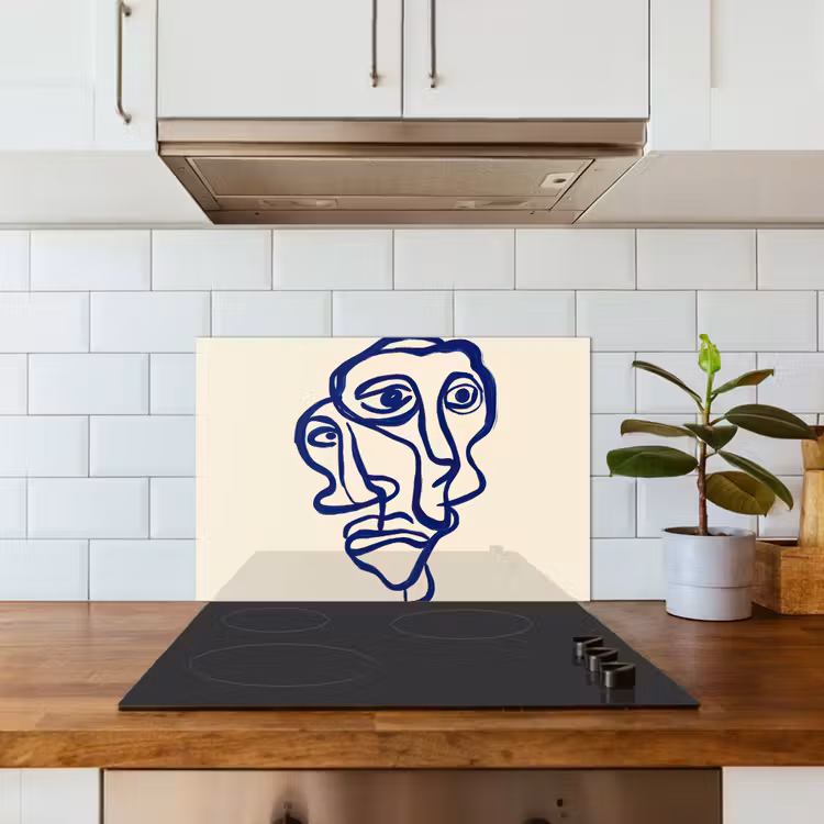 Spatscherm keuken - Lijntekening - Overlappende gezichten - Donkerblauw — 6