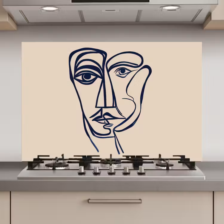 Spatscherm keuken - Minimalistisch - Lijnillustratie - Beige - Donkerblauw — 1