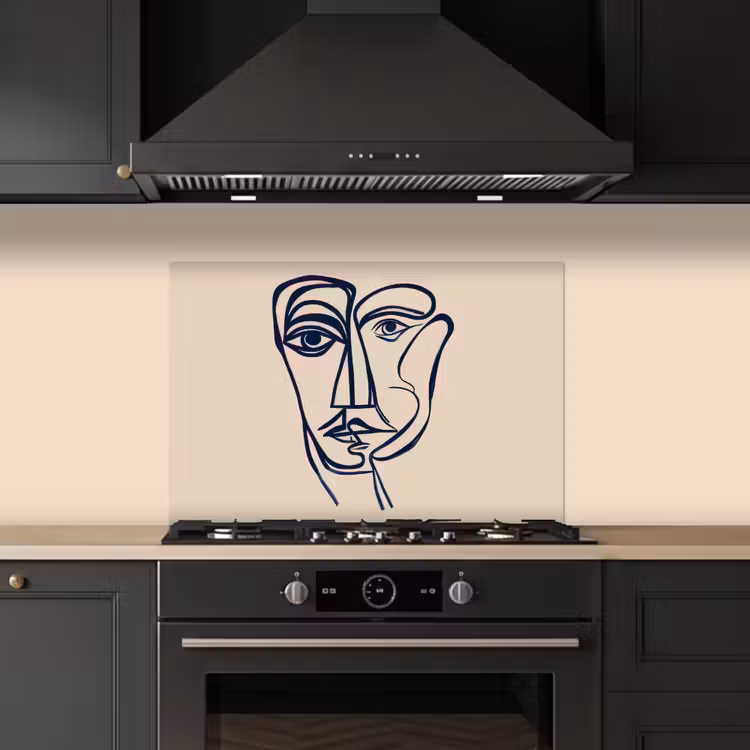 Spatscherm keuken - Minimalistisch - Lijnillustratie - Beige - Donkerblauw — 2
