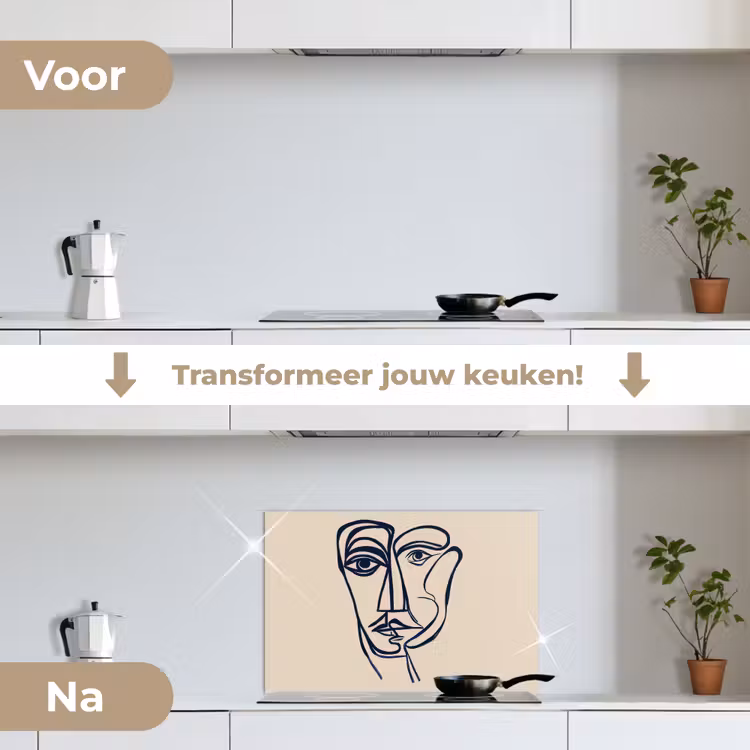 Spatscherm keuken - Minimalistisch - Lijnillustratie - Beige - Donkerblauw — 3