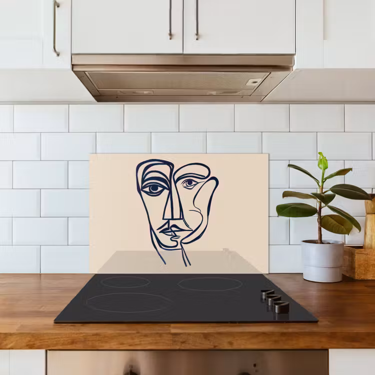Spatscherm keuken - Minimalistisch - Lijnillustratie - Beige - Donkerblauw — 6