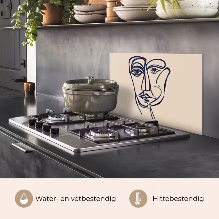 Spatscherm keuken - Minimalistisch - Lijnillustratie - Beige - Donkerblauw — 7