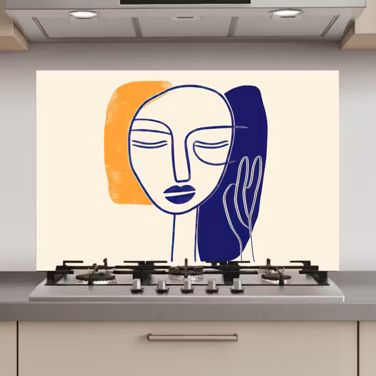 Spatscherm keuken - Minimalistisch - Gezicht - Hand - Oranje - Blauw — 1