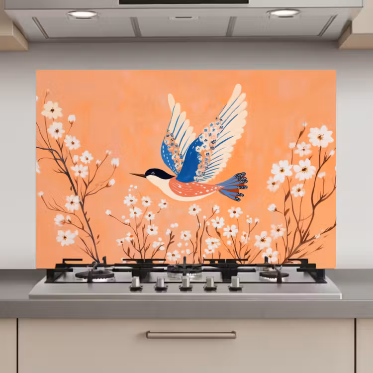 Spatscherm keuken - Vogel - Bloesemtakken - Warm - Kleurrijk — 1