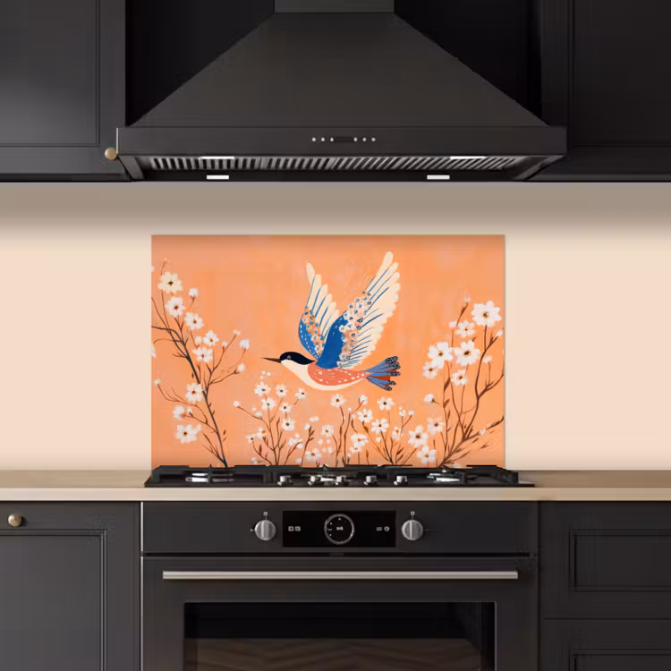 Spatscherm keuken - Vogel - Bloesemtakken - Warm - Kleurrijk — 2