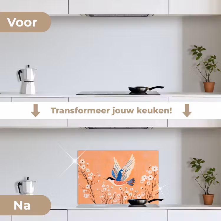 Spatscherm keuken - Vogel - Bloesemtakken - Warm - Kleurrijk — 3