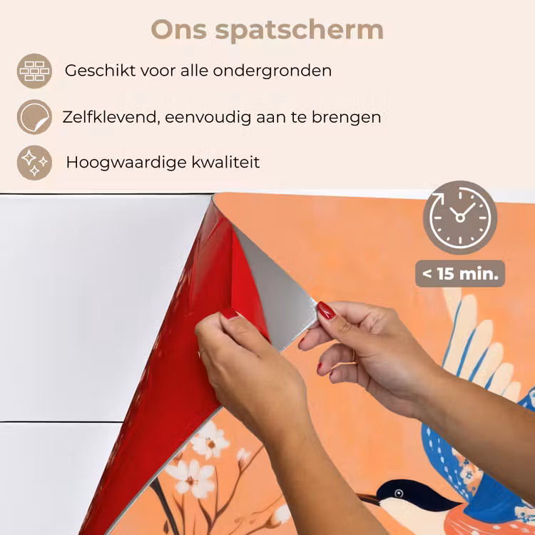 Spatscherm keuken - Vogel - Bloesemtakken - Warm - Kleurrijk — 4