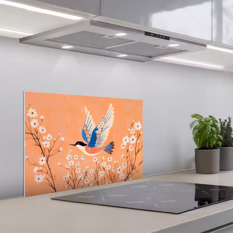 Spatscherm keuken - Vogel - Bloesemtakken - Warm - Kleurrijk — 5