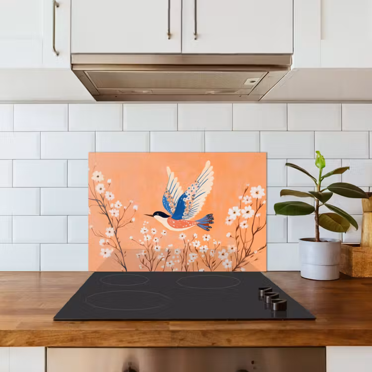 Spatscherm keuken - Vogel - Bloesemtakken - Warm - Kleurrijk — 6